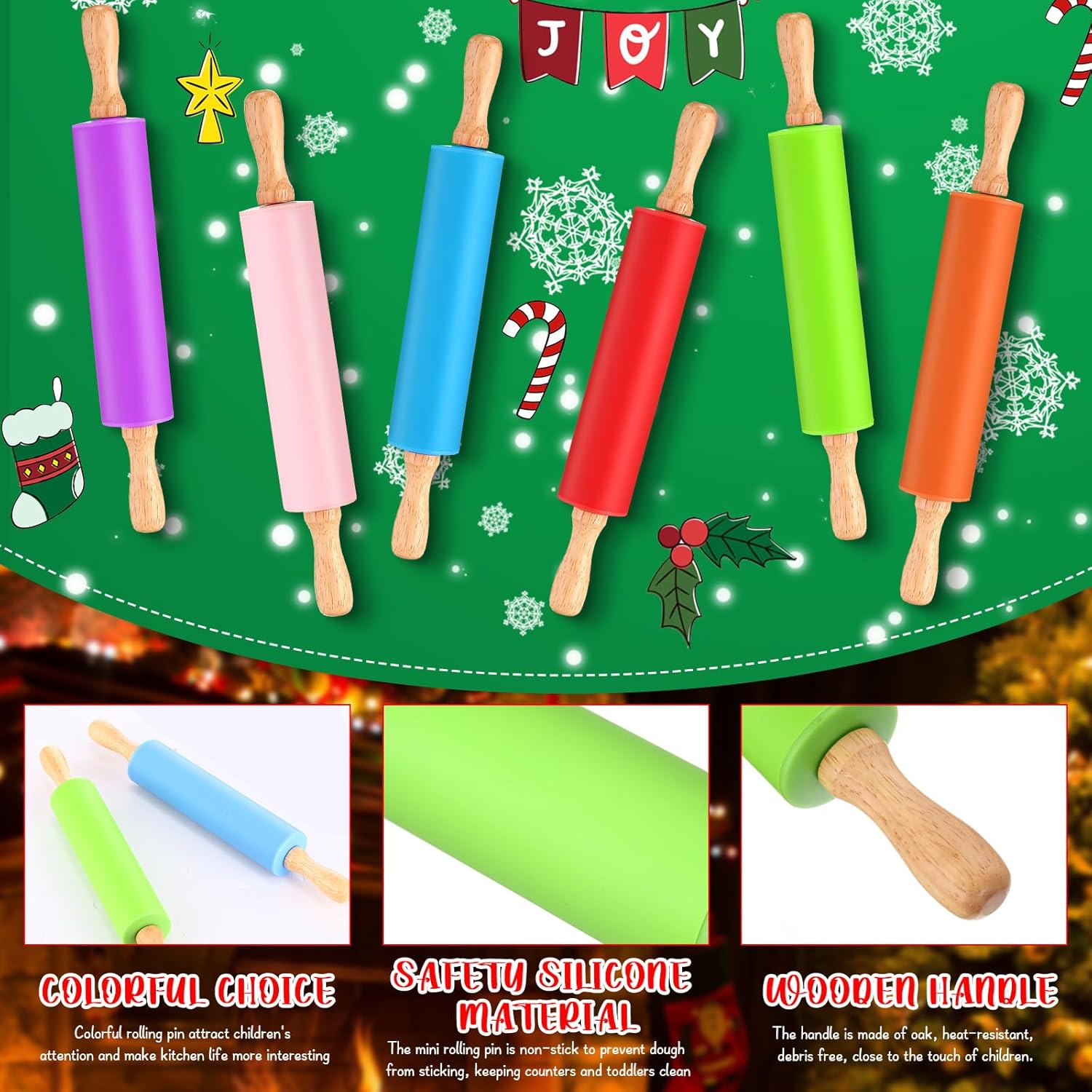Dandat Small Rolling Pin Kids 12 Inch Mini Silicone Rolling Pin for Baking Non Stick Kids Dough Roller with Wooden Handle for Kitchen Cookie Pastry Fondant Cake 6 Colors(6 Pcs)