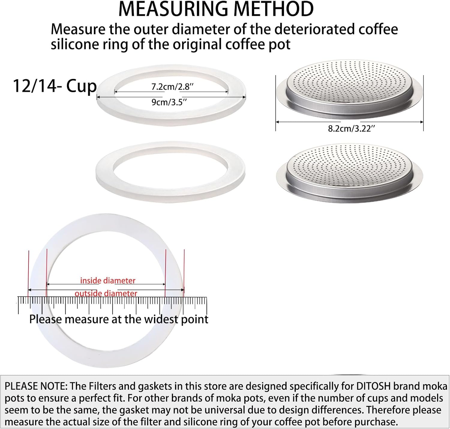 2 Pcs Filter with 3 Pcs Silicone Gasket Seals for 12 Cup 14 Cup Stovetop Espresso Coffee Maker Replacement Parts for DITOSH Aluminium Moka Pot