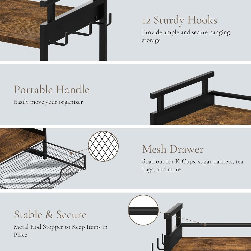 Coffee Bar Organizer, 3 Tier Coffee Station Organizer for Countertop, Mug Cup Holder Stand with 12 Hooks, with K Cup Storage Drawer, Tea Organizers Accessories for Home Office