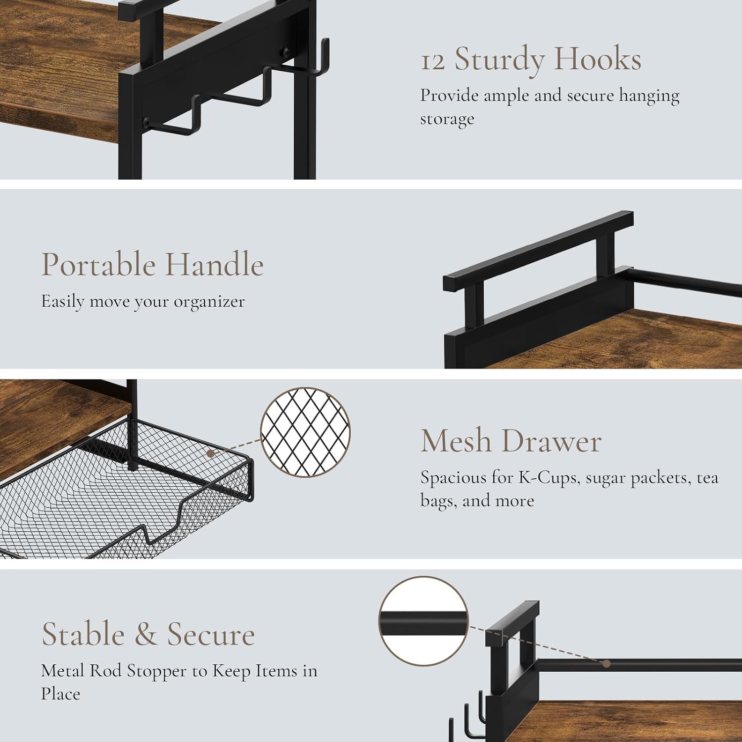 Coffee Bar Organizer, 3 Tier Coffee Station Organizer for Countertop, Mug Cup Holder Stand with 12 Hooks, with K Cup Storage Drawer, Tea Organizers Accessories for Home Office