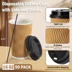 80 Pack 16 OZ Disposable Coffee Cups with Lids and Straws, Insulated Paper Coffee Cups with Lids, Corrugated Ripple Wall To Go Cups for Hot Drink, Coffee, Hot Chocolate, Water, Juice - Champagne
