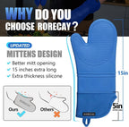 Rorecay Extra Long Oven Mitts and Pot Holders Sets: Heat Resistant Silicone Oven Mittens with Mini Oven Gloves Hot Pads Potholders for Kitchen Baking Cooking, Quilted Liner, Pack of 6 (Lake Blue)