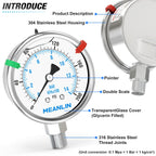 MEANLIN MEASURE 0~200Psi Stainless Steel Liquid Filled Pressure Gauge 2.5" FACE DIAL 1/4" NPT for Air Compressor Air Regulator Water Filter Lower Mount with Stainless Steel Hex Bushing and Snaps