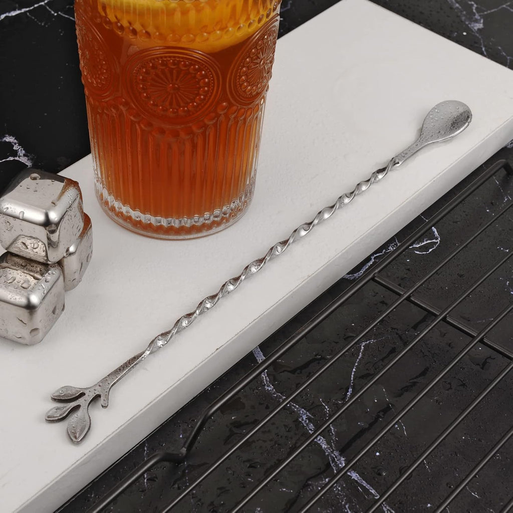 AnSaw Silver 10-Inch Stainless Steel Cocktail Spoon with Leaf Handle - Perfect for Mixing & Layering Drinks in Tall Cups, Bar & Shakers - Durable Long Handle Bar Stirrer,2-Pieces