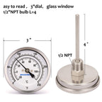 MEASUREMAN Fully Stainless Steel Pot, Kettle, Brewing Bimetal Thermometer, 3" Dial, 4" Stem, 0-250 deg F/-20-120 deg C, -1% Accuracy, Adjustable, 1/2" NPT Back Mount