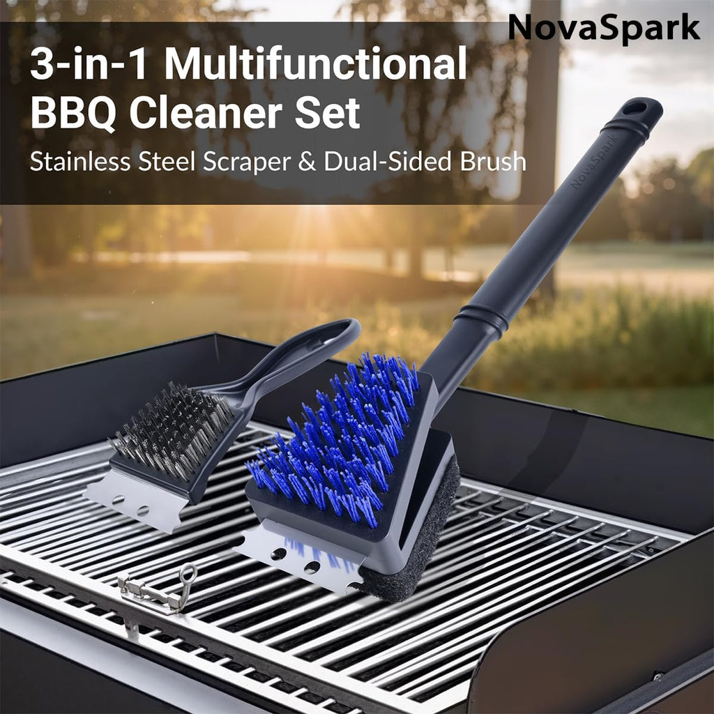 Nylon Grill Brush No Wire Bristle Barbecue Brush Grill Cleaning Kit, Safe Grill Scraper Brush for Outdoor Grill Cleaner with Hole, BBQ Brush Accessories Clean Cool Grates, Gift for Men/Dad 2-Piece Set