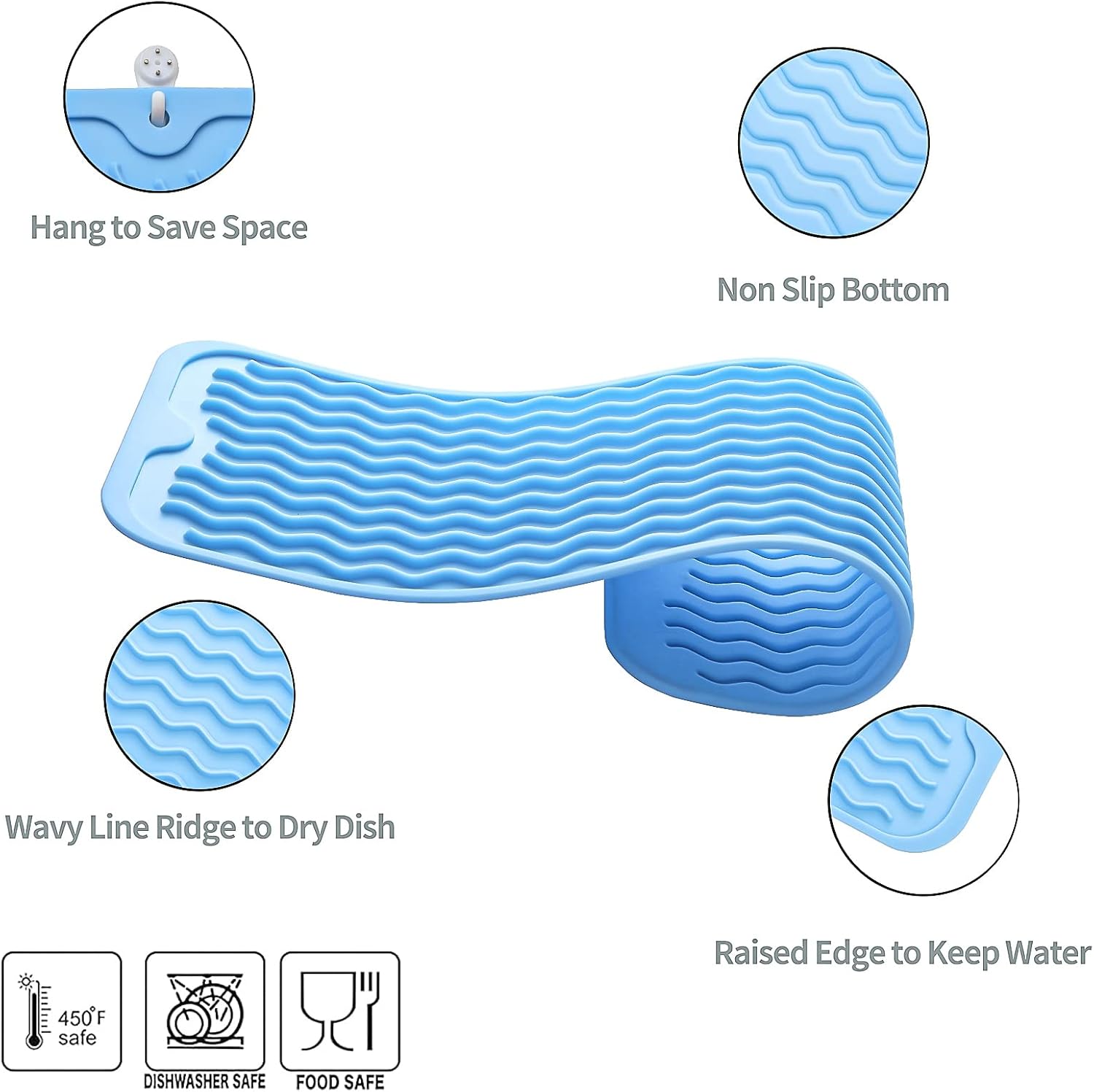 Silicone Dish Drying Mat for Multiple Usage,Easy clean,Eco-friendly,Heat-resistant Silicone Mat for Kitchen Counter,Sink,Bar,Bottle,or Cup Light Blue M 17 inches x 6 inches