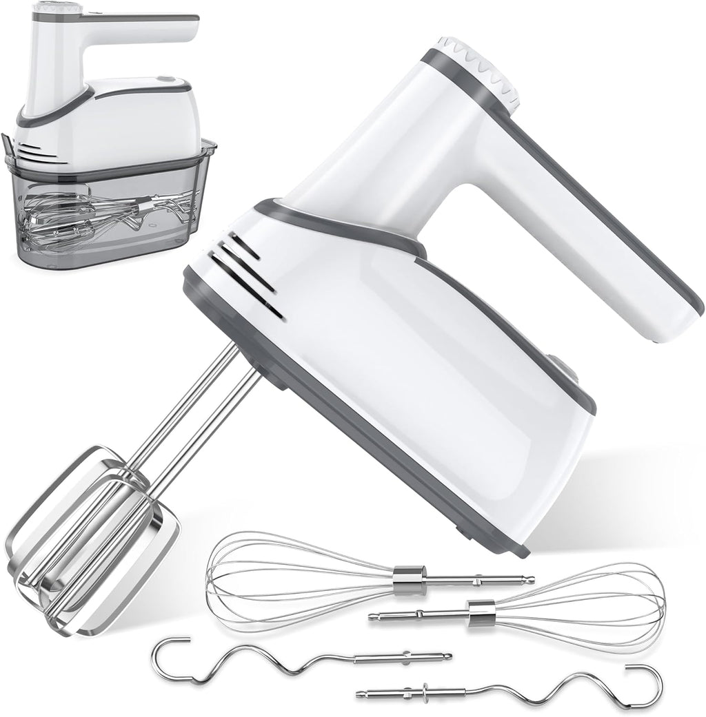 Cordless Electric Hand Mixer: 12 Speeds Powerful Handheld Mixer with 6 Stainless Steel Attachments (2 Beaters, 2 Dough Hooks, 2 Whisks), Snap-On Storage Case & Eject Button (White)