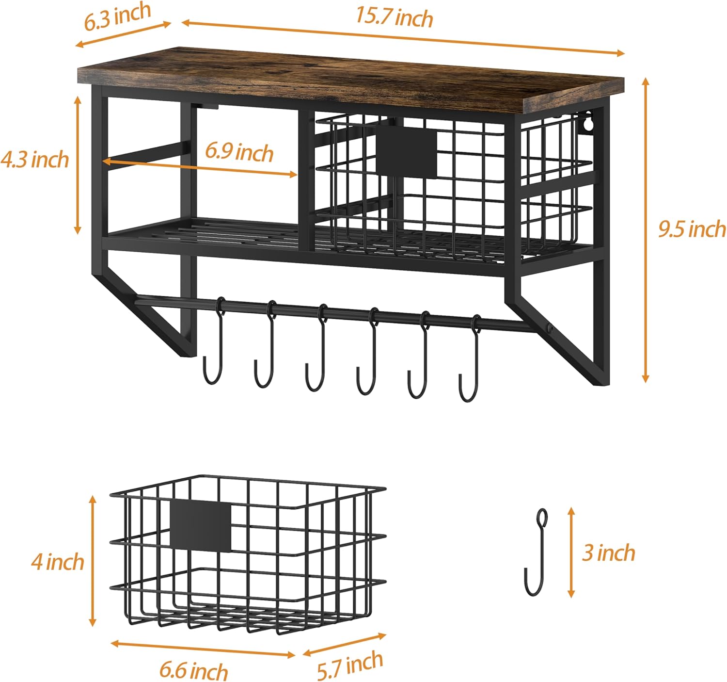Helsin Industrial Wall Mounted Metal Wood Floating Shelves with Baskets Hooks Hanging Display Shelf Sundries Holder for Coffee Bar Kitchen Bathroom Organization and Home Decor, Black (16inch, 1 Set)