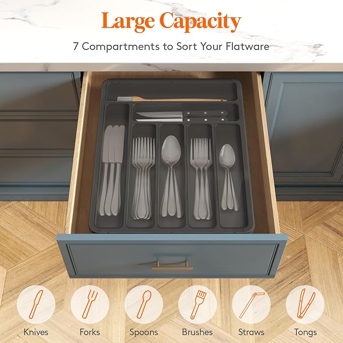 Lifewit Silverware Organizer with Lid, Covered Utensil Tray for Kitchen Drawer and Countertop, Plastic Cutlery and Flatware Storage Box for Spoons Forks Knives Holder Case, 7 Compartments, Black