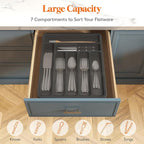 Lifewit Silverware Organizer with Lid, Covered Utensil Tray for Kitchen Drawer and Countertop, Plastic Cutlery and Flatware Storage Box for Spoons Forks Knives Holder Case, 7 Compartments, Black