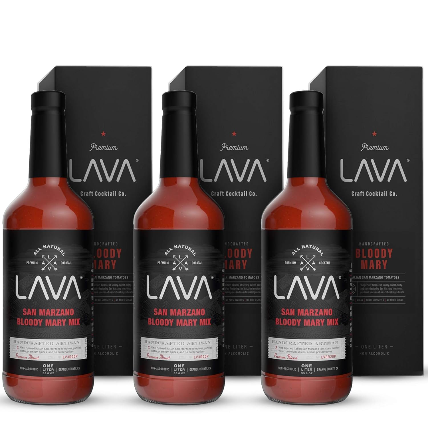 (3 Pack) LAVA Premium Bloody Mary Mix; Italian San Marzano Tomatoes, No Artificial Sweeteners, Vegan, Ready to Use, No Added Sugar, 1-Liter (33.8oz) Glass