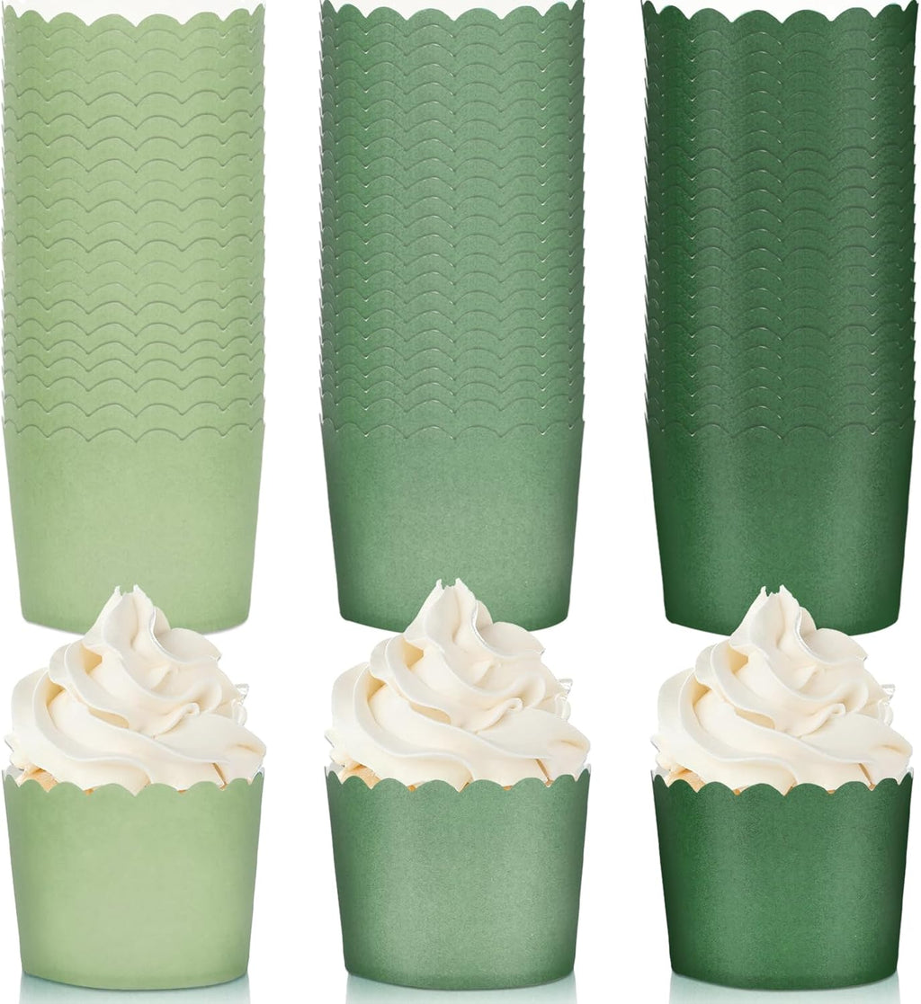 Whaline 120Pcs Sage Green Paper Baking Cups Scalloped Edge Cupcake Wrappers Gradient Green Cupcake Muffin Cases for Wedding Birthday Baby Shower, 3 Colors