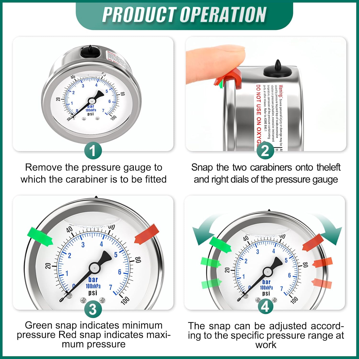 0-100PSI Stainless Steel Liquid Filled Pressure Gauge, 2.5" Dial Size, 1/4" NPT 316 Stainless Steel Joint, Back Mount, for Tube, Water Pump, Gas, Liquid (with Range Mark Pointer)