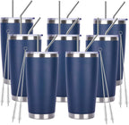 Pandance 20oz Stainless Steel Insulated Tumblers with Lid and Straw Bulk, Double Wall Vacuum Water Cups for Hot & Iced Coffee Drinks Travel Mug (Navy Blue, 8 pack)