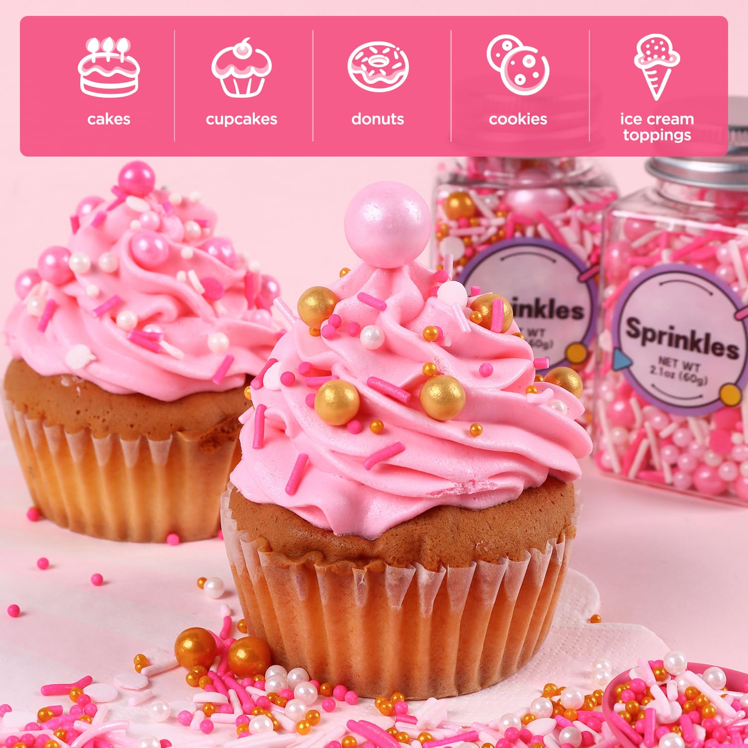 Edible Pink Sprinkle, Valentines Sprinkles Dessert Decorating, Confetti Sprinkle, Pearl Sprinkle, Pink Jimmies Sprinkle for Cake, Cupcake, Chocolate, Macaron, Waffle and Ice Cream(120g/4.23oz)