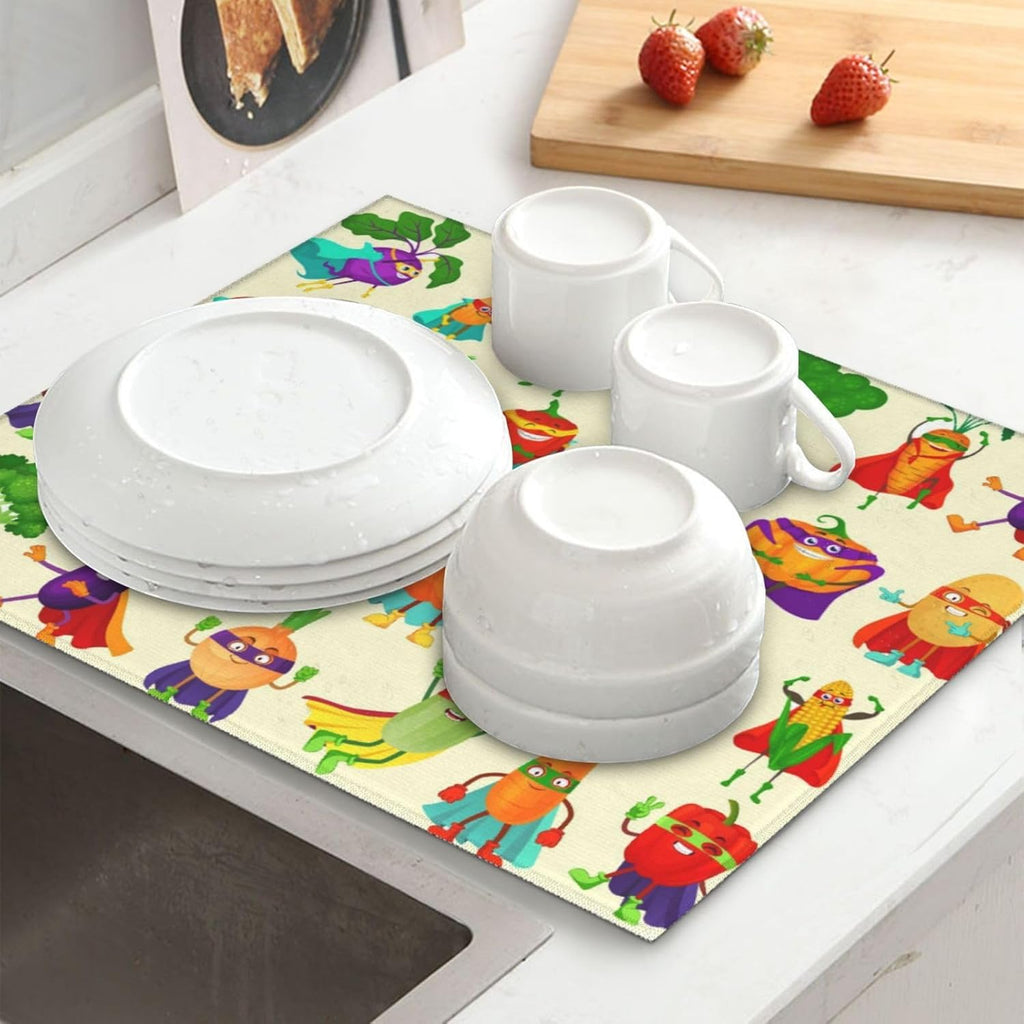 Vegetable Superhero Cartoon Dish Drying Mats for Kitchen Counter, Absorbent Microfiber Cute Drying Pad for Dishes, Decorative Kids Kitchen Mat for Sink, Dishes Utensils, Dining Area, 16" x 18"