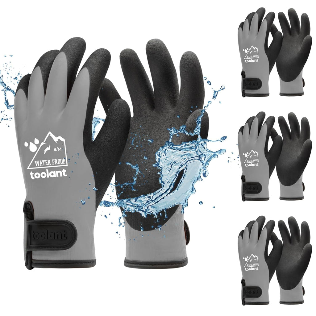 toolant 100% Waterproof Gloves Bulk Pack, 3 Pairs, Winter Work Gloves for Cold Weather, Touchsreen, Warm Freezer Gloves, Thermal Insulated, With Grip, Grey, Medium