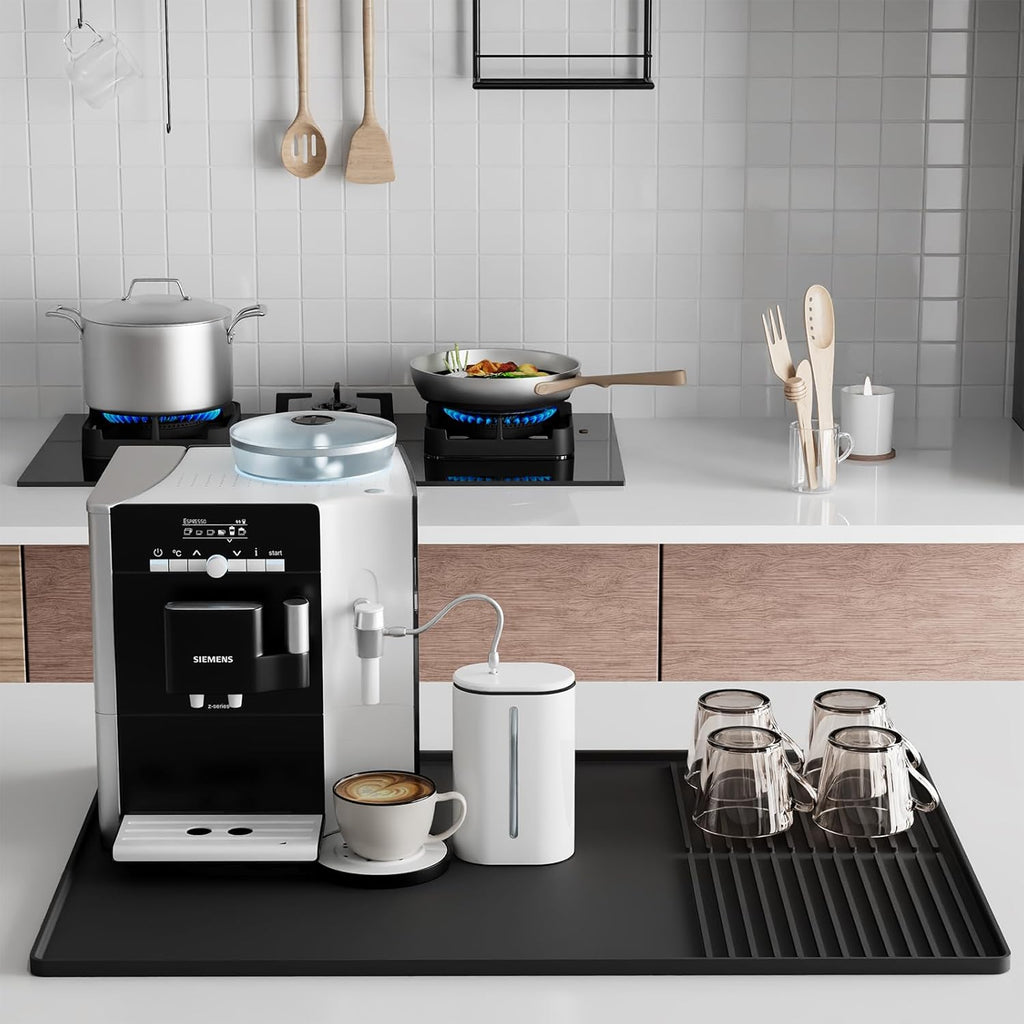 Silicone Coffee Mat with Raised Edges, 20'' X 12'', Bar Mat for Countertops, Fits Under Coffee Maker, Espresso Machine, Dish Drying Mat (BLACK)