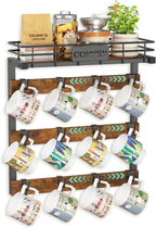 EsLuker.ly Coffee Mug Holder Wall Mounted Display Rack, Black Metal Cup Hanger Organizer with 12 Movable Plastic Hooks, Wood Rustic Shelf for Coffee Bar Home Kitchen, Thoughtful Wall Storage