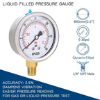 0-30 Psi Glycerin Liquid Filled Low Pressure Gauge, 2.5" Dial Size, 1/4" NPT Lower Mount, 304 Stainless Steel Case, for Water Pipe, HVAC, Water Oil Air Pressure Test