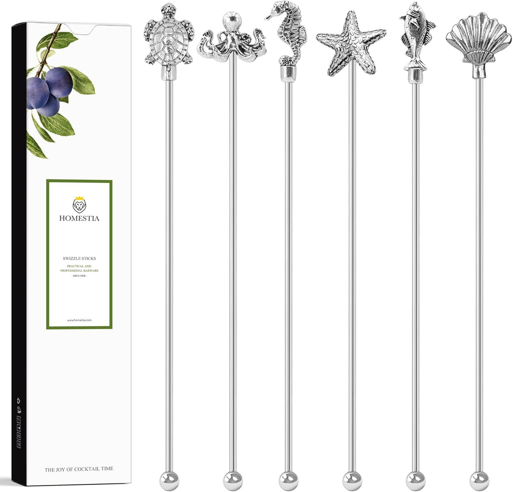 Homestia 7.5 Inches Stainless Steel Coffee Beverage Stirrers Drink Swizzle Stick with Animal Design, Set of 6 Cocktail Stirrers, Metal Cocktail Stir Sticks Stirring Drink Swizzle Stick Picks Tools