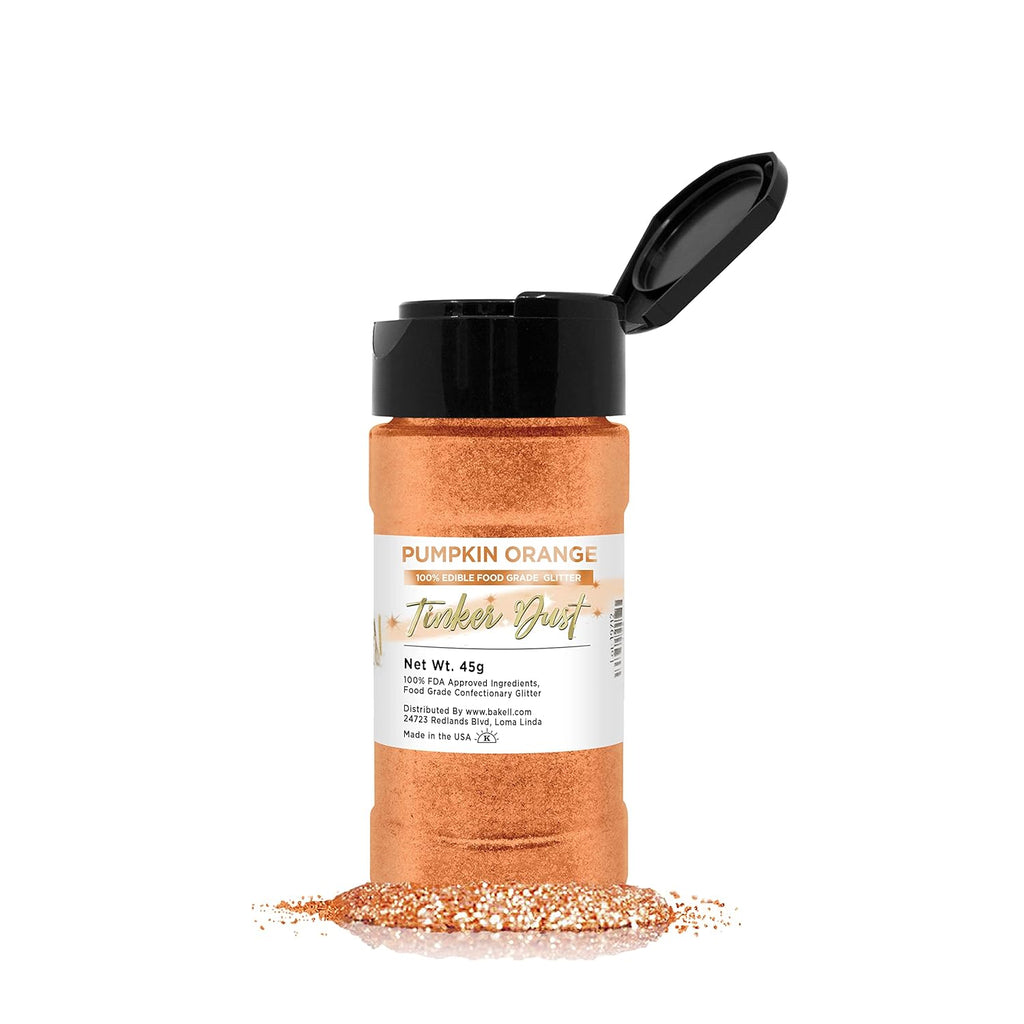 Pumpkin Orange BAKELL Edible Glitter, 45 Grams | TINKER DUST Edible Glitter | KOSHER Certified | 100% Edible Glitter | Cakes, Cupcakes, Cake Pops, Drinks, Dessert Vegan Glitter & Dusts (45g Shaker, Pumpkin Orange)