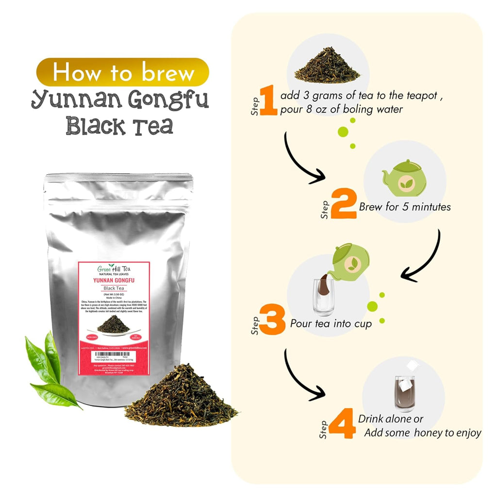Yunnan Gongfu Black Tea , Natural Black Tea with Excellent fullness with subtle sweetness– 3.5 Oz Bag