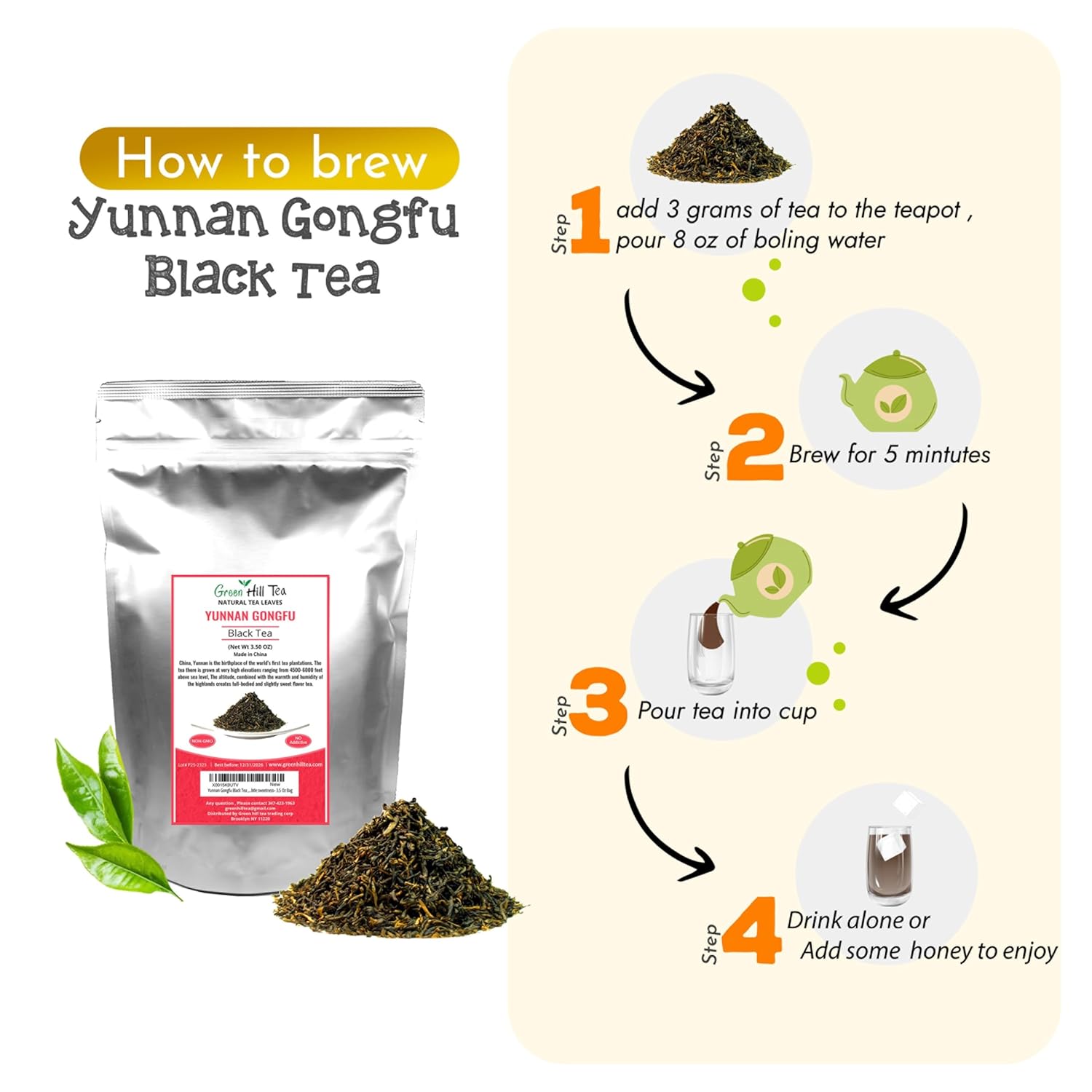 Yunnan Gongfu Black Tea , Natural Black Tea with Excellent fullness with subtle sweetness– 3.5 Oz Bag