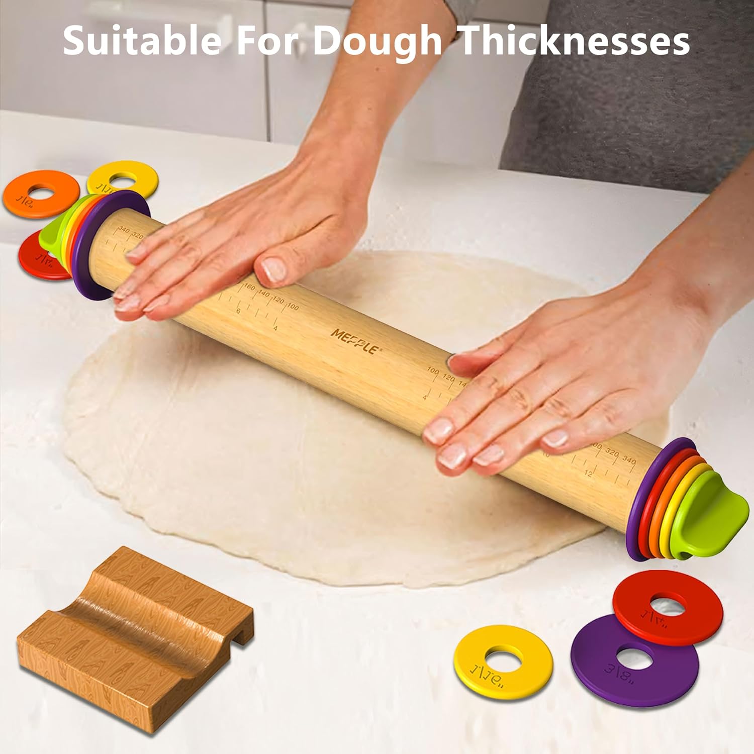 Rolling Pin with Thickness Rings and Pastry Baking Mat, 13.6" Adjustable Wooden Rolling Pin Dough Roller for Baking Cookie Pizza, Comes with Large Silicone Pastry Mat and Wooden Stand