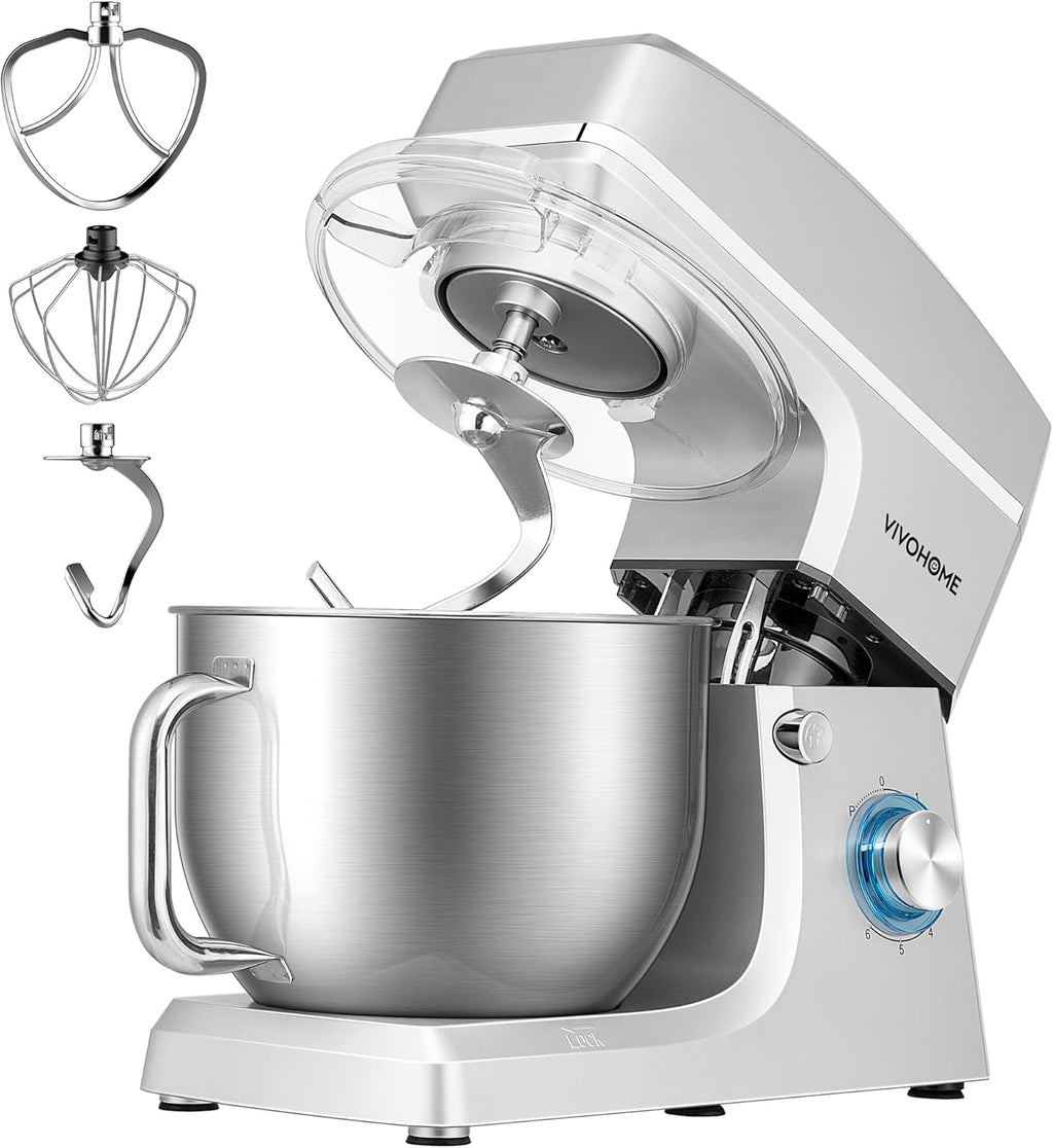 VIVOHOME 7.5 Quart Stand Mixer, 660W 6-Speed Tilt-Head Kitchen Electric Food Mixer with Beater, Dough Hook, Wire Whip, and Egg Separator, Silver