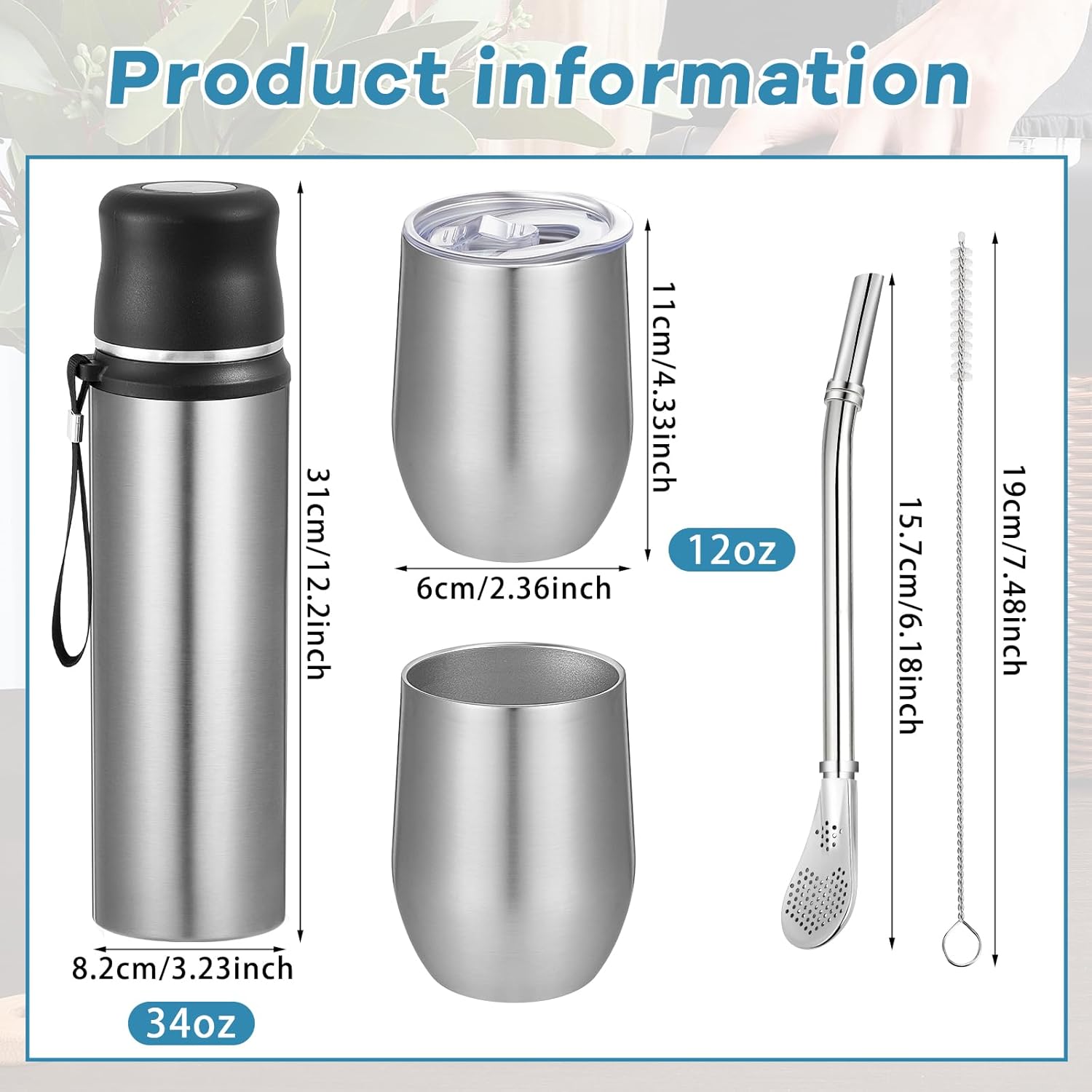 Dandat 2 Pieces Yerba Mate Cup and Vacuum Bottle Kit 12 oz Yerba Mate Gourd Cup and Bombilla Set for Travel, Turn The Cup Upside Down to Pour out All The Water(Steel Color)