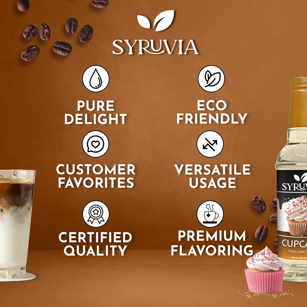 Syruvia Cupcake Coffee Syrup - 25.4 fl oz - Kosher Syrups, Gluten Free, No Coloring, Perfect for Drinks, Soda, Shakes, Desserts, and More.