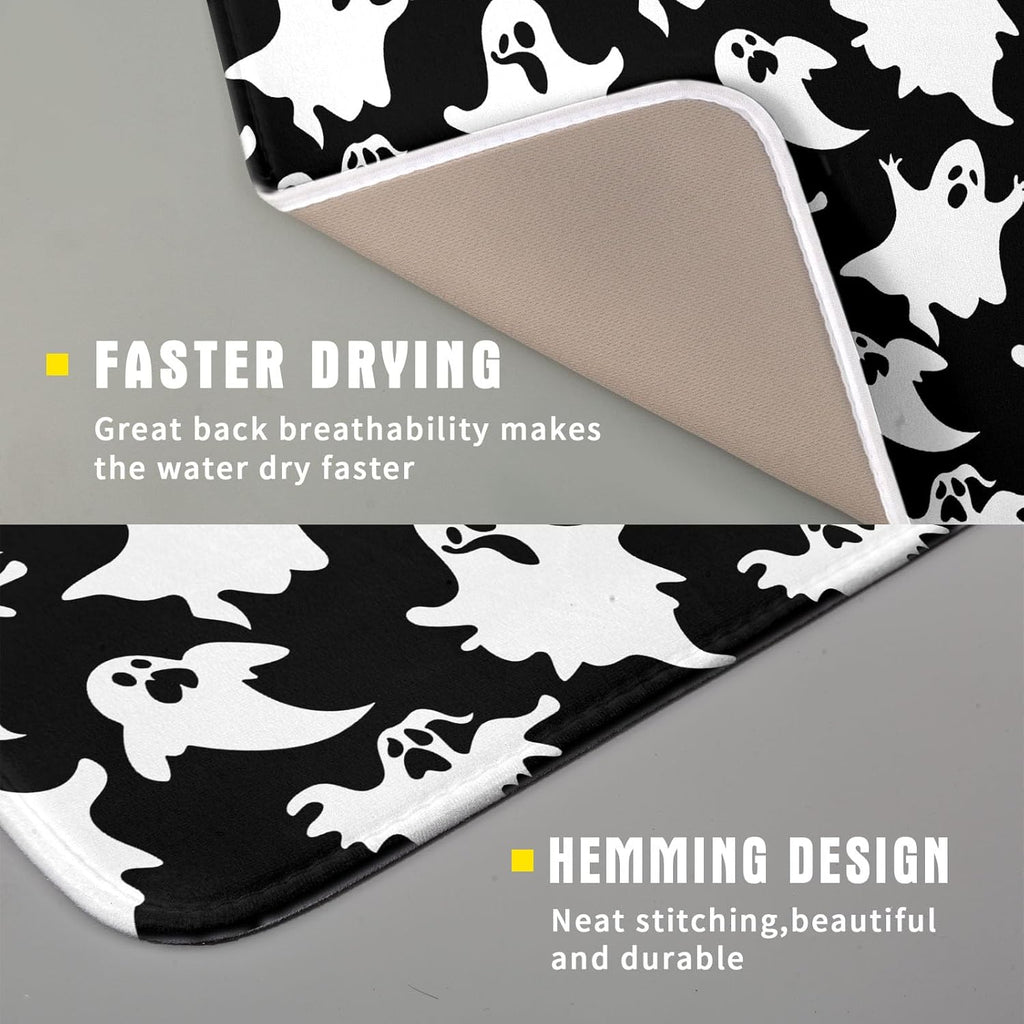 Halloween Bat Ghosts Dish Drying Mat for Kitchen Counter,Halloween Spooky Ghost Black and White Drying Mat 16 x 18 Inch Microfiber Dish Drying Pad Dish Rack Pad Drainer Mat for Coffee Bar