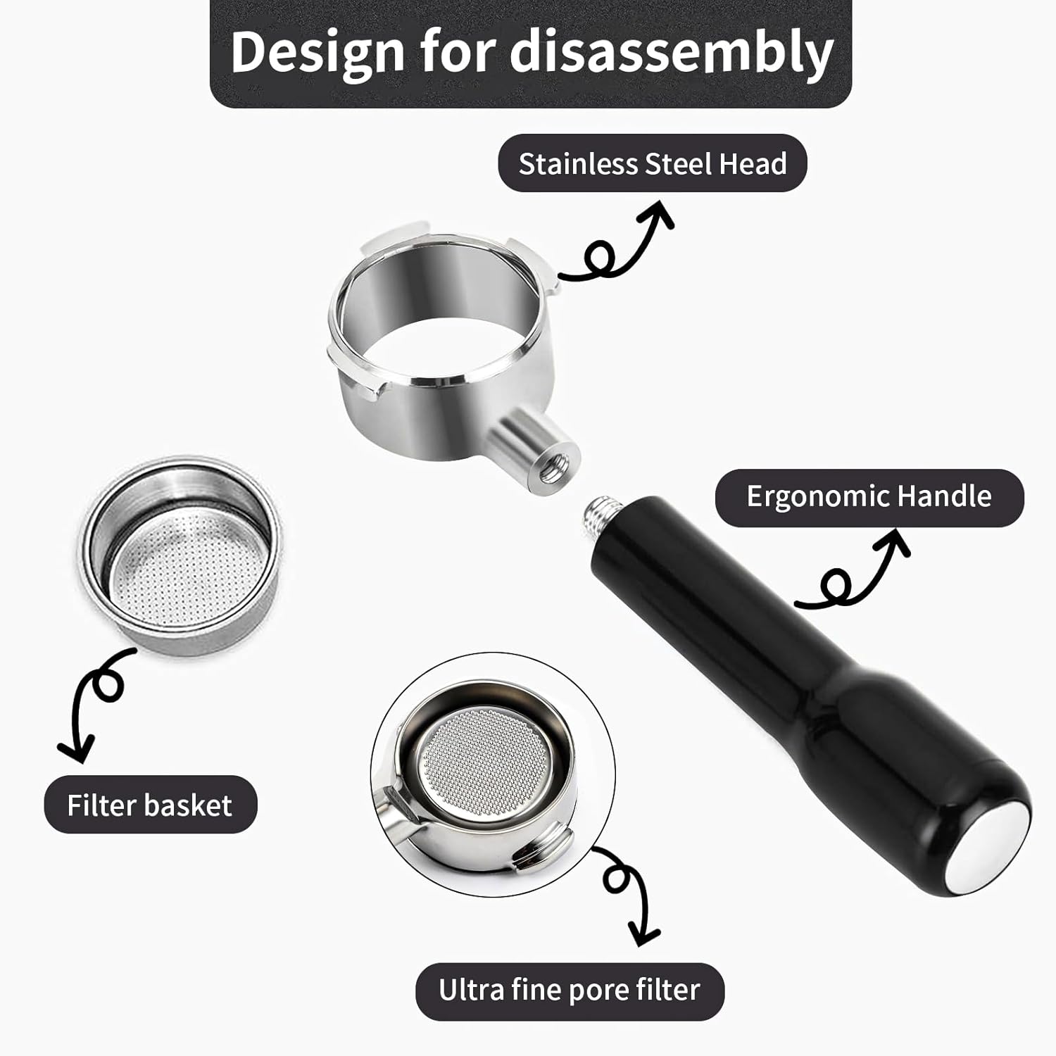 51mm Bottomless Portafilter for Delonghi Dedica EC680, EC685,SMEG and EUPA Coffee Machines, 3-Ear Design, Stainless Steel 51mm portafilter with Stainless Steel Double Shot Capacity Cup Filter Basket