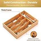 Umilife Kitchen Drawer Organizer, 10 Inch Silverware Utensil Tray Holder, Extra Deep, with Non-Slip Feet & Grooved Drawer Divider, 5 Slots Total Bamboo Wood Caddy for Flatware Cutlery Knives