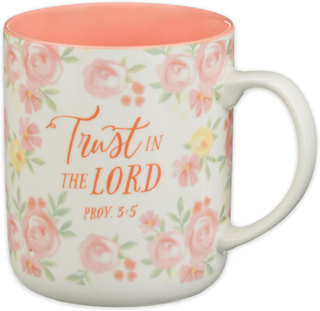 Christian Art Gifts Large Inspirational Women's Ceramic Coffee & Tea Scripture Mug: Trust in the Lord Encouraging Bible Verse, Microwave/Dishwasher Safe Novelty Drinkware, White & Pink Floral, 14 oz.