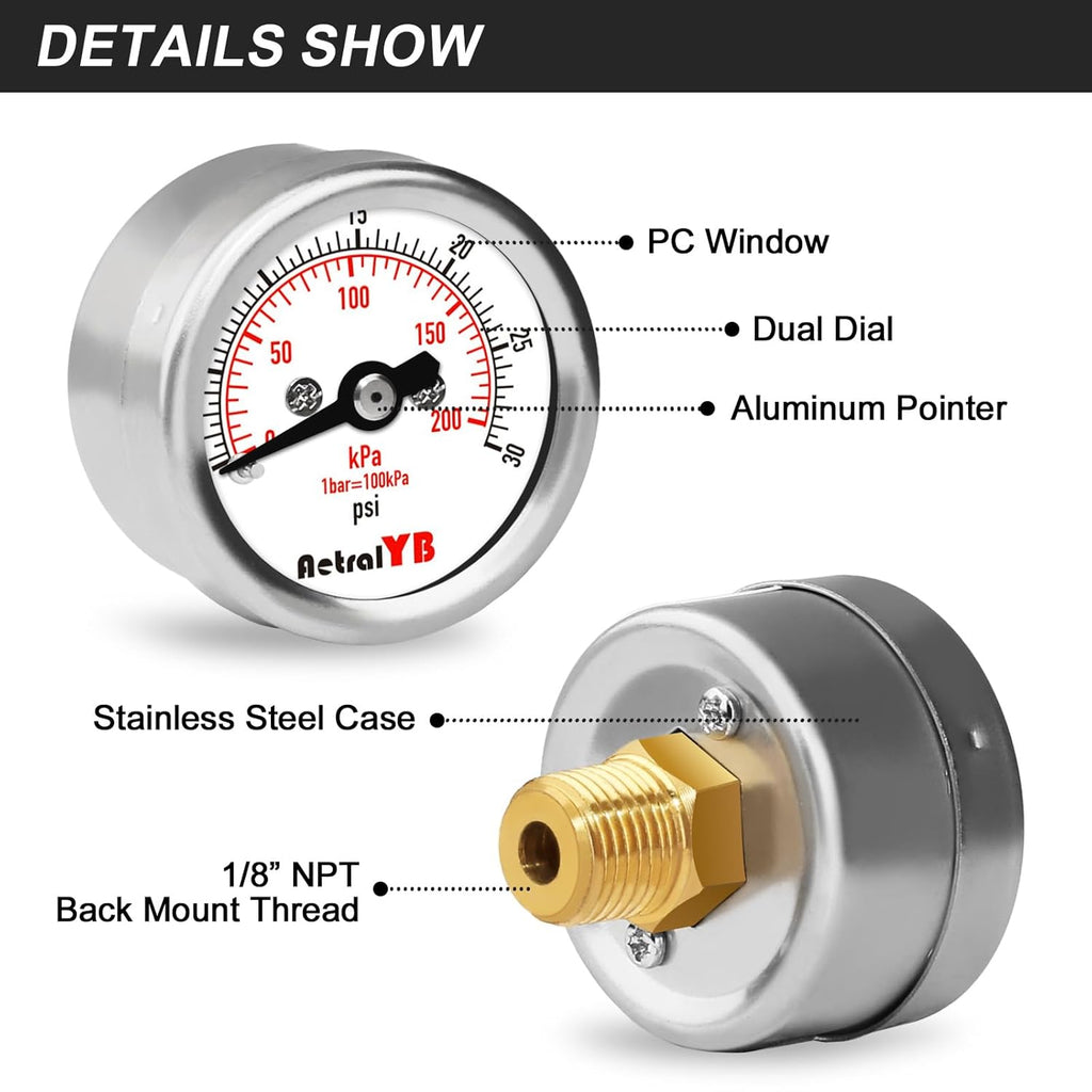 30Psi/200Kpa Mini Pressure Gauge,Stainless Steel Housing,Brass Internal,1.2 Inch Dial,NPT 1/8" Back Mount,Dry Type,Lead-Free Material, for Air,Water,Oil Pressure Test
