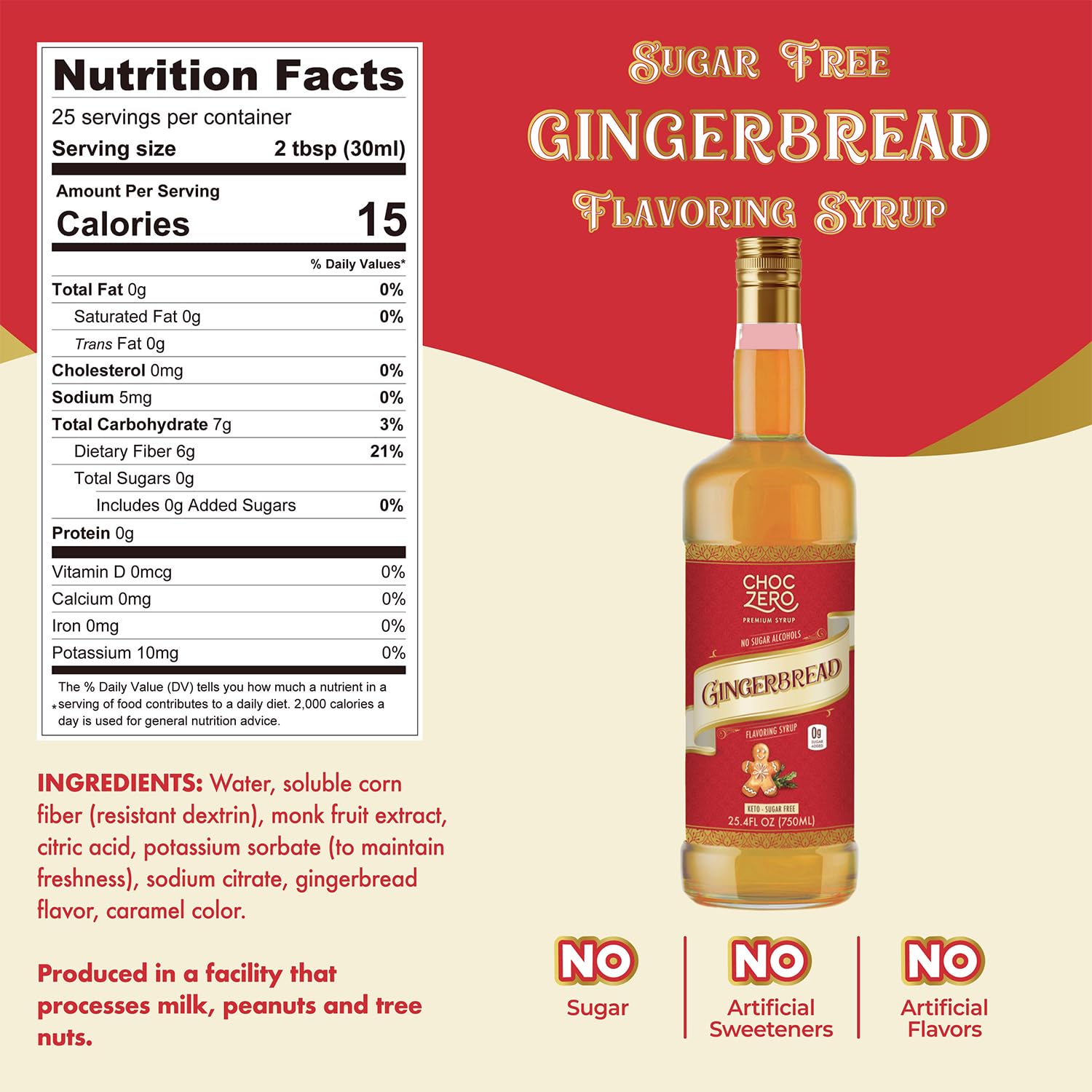 ChocZero Sugar Free Coffee Syrup, Gingerbread Flavor, Simple Syrup Drink Mix, Gingerbread Latte, Protein Shakes & Baking, Gluten Free, All Natural, 25.4 Ounces Bottle (Pack of 1)