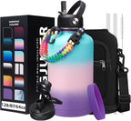 64OZ Insulated Water-Bottle with Paracord-Handle - Half Gallon Water Bottle Jug with Straw & Spout Lids, Bottle Sleeve & Boot, Keep Cold-48h Hot-24h for Fitness Camping Hunting, Hiking