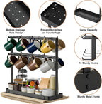 Coffee Mug Holder for Countertop, Cup Holder Rack with Slidable 16 Hooks, Large Mug Holder with Storage Base for Coffee Bar, Kitchen, Dining Room - Black