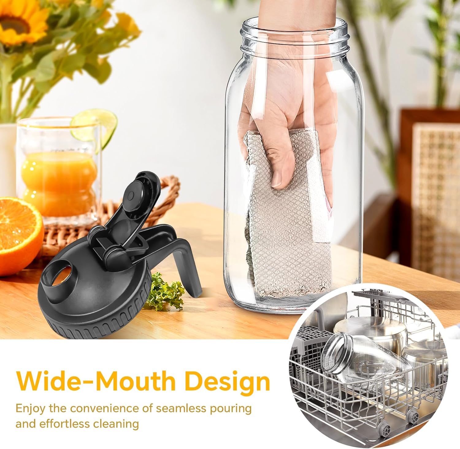 Mason Jar Pitcher, 64 OZ 2 Pack Glass Pitcher with Lid Double Leak-proof with Handle Water Jug Wide Mouth Breast Milk Pitcher Fridge Container for Water, Juice, Iced Coffee, Tea, Juice - Black+Grey