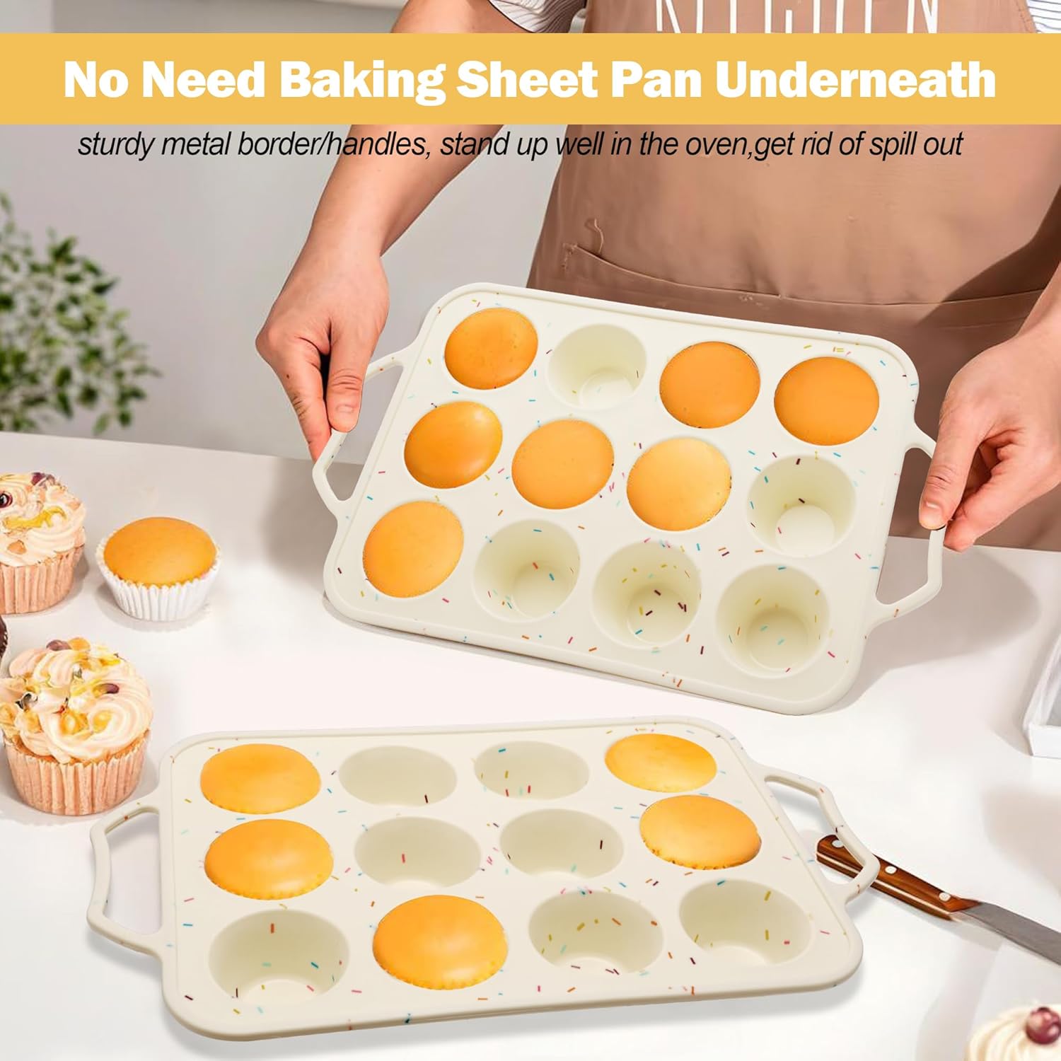 2 Pack Silicone Muffin Pans for Baking with Metal Reinforced Frame, 12 Cup Cupcake Baking Pans Nonstick for Oven, BPA Free Silicone Muffin Tin for Egg Bites Cake, Easy Pop Out & Dishwasher Safe