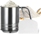 3-Cup Flour Sifter for Baking, Stainless Steel One-Hand Press Sifter with Double-Layer Fine Mesh - Includes Bonus Dough Scraper/Cutter for Bread & Pastry (White)