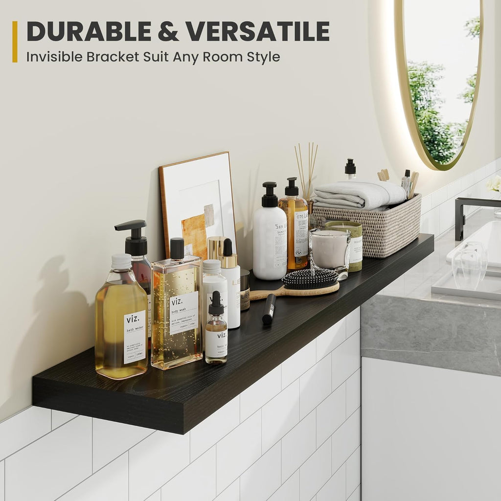 55 Inch Floating Shelves, 9.3" Deep Floating Shelf Wall Mounted, 56" Wall Shelves, Rustic Deep Bookshelf, Large Display Shelves & Storage Shelves for Bedroom, Living Room, Black, Set of 1