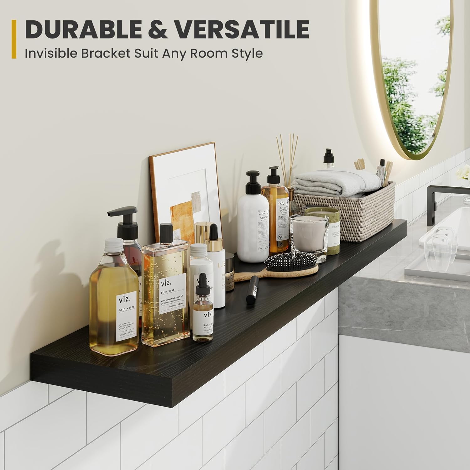 24 Inch Floating Shelves, 9.3" Deep Floating Shelf Wall Mounted, 24" Wall Shelves, Rustic Deep Bookshelf, Large Display Shelves & Storage Shelves for Bedroom, Living Room, Black, Set of 2