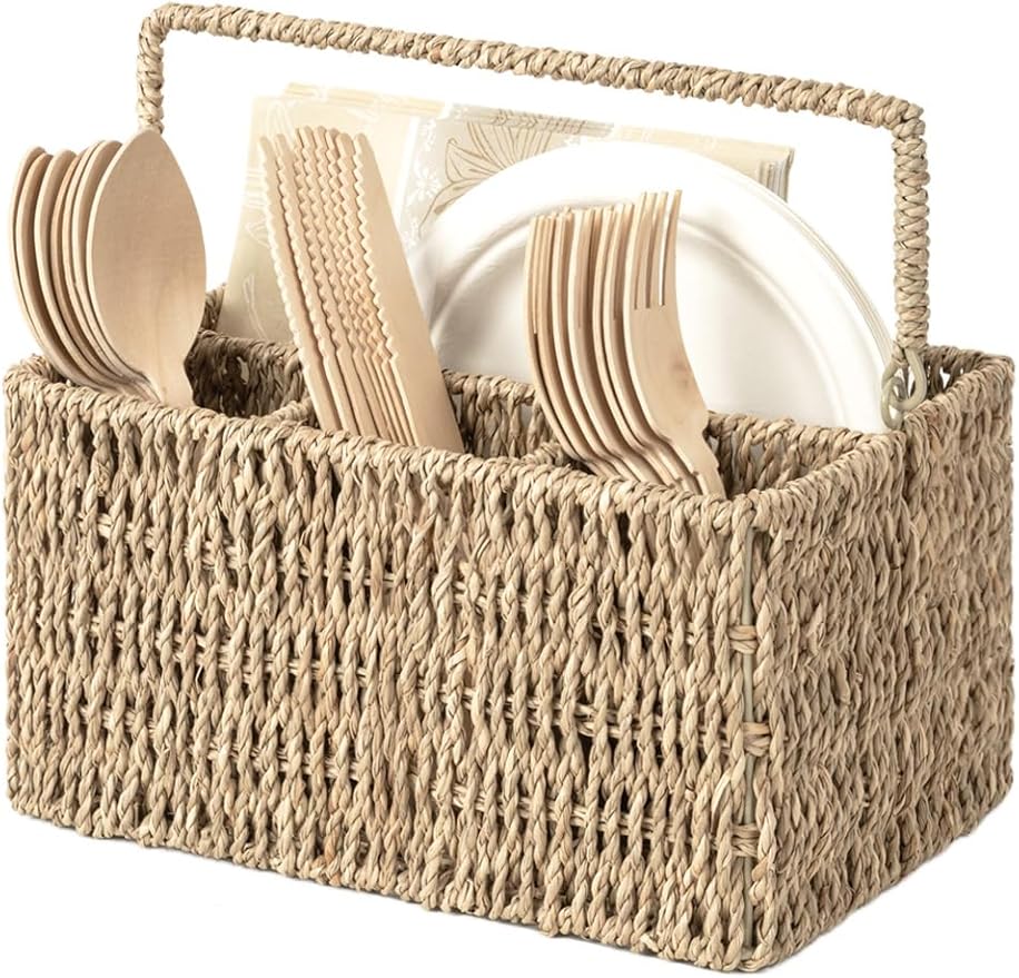 StorageWorks Wicker Flatware Organizer, Hand Woven Seagrass Cutlery Holder for Countertop with Handle, 1 Pack