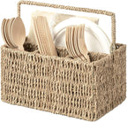 StorageWorks Wicker Flatware Organizer, Hand Woven Seagrass Cutlery Holder for Countertop with Handle, 1 Pack