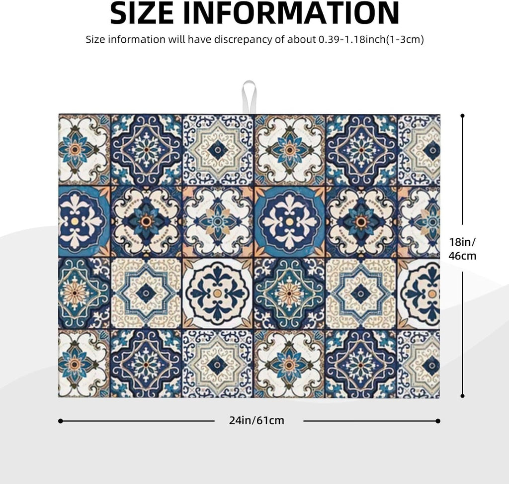 2Pcs Dish Drying Mats Faucet Mats Sets Large Size Coffee Mats Sink Faucet Mat Splash Guard for Kitchen Counter Bathroom Sink Coffee Bar Kitchen Decor (Blue Boho, 18"x24" 15" x 5.5"Set)