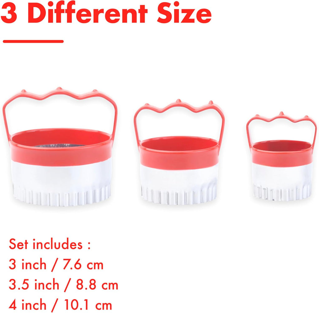 3 Pcs Fluted Round Biscuit Cutters with Handle 3" 3.5" 4", Scalloped Biscuit Cookie Cutter Set, 0.4mm Stainless Steel, 2-Inch Deep Design